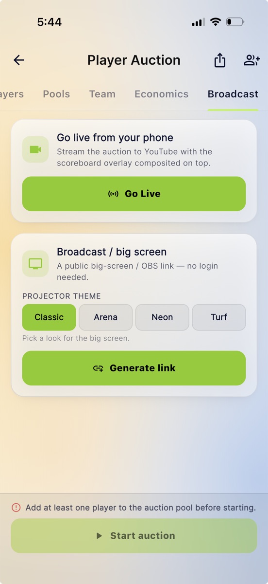 The Broadcast tab of a Skipper auction offering Go Live and a big screen link with projector themes
