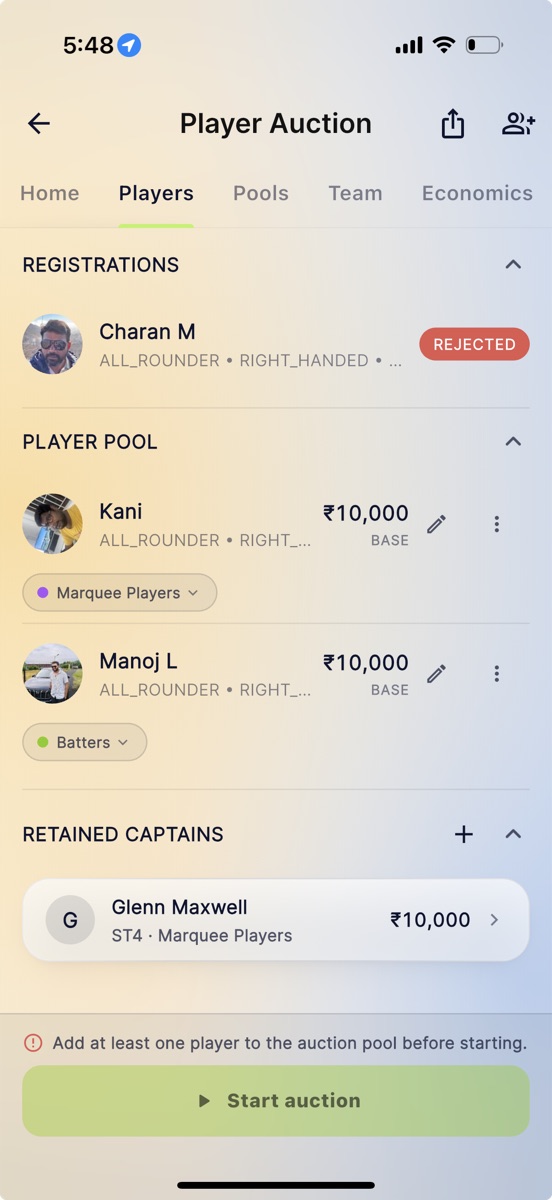 The Players tab of a Skipper auction, showing registrations, the player pool with base prices, and retained captains