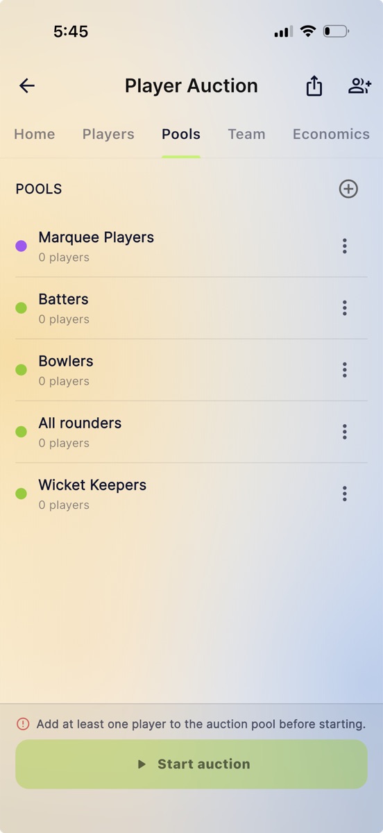 The Pools tab listing Marquee Players, Batters, Bowlers, All rounders and Wicket Keepers