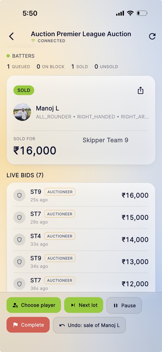 The sold panel in a Skipper auction showing the price and the buying team, above the full bid history