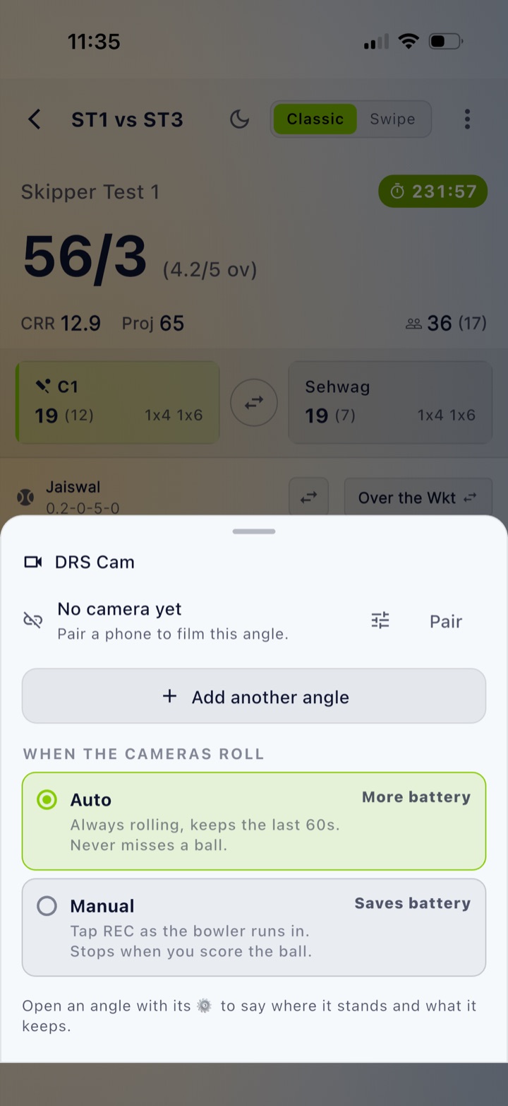 DRS Cam sheet showing pairing and Auto or Manual options