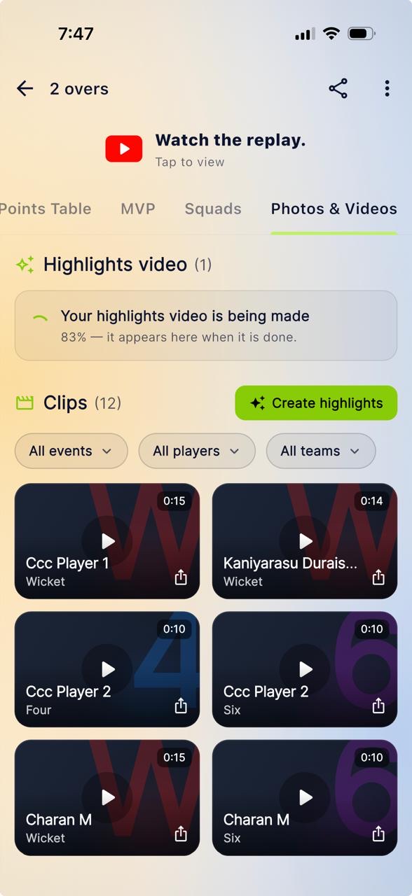 The Photos and Videos tab of a match on Skipper, with a highlights video being made at the top and a grid of wicket, four and six clips below a Create highlights button