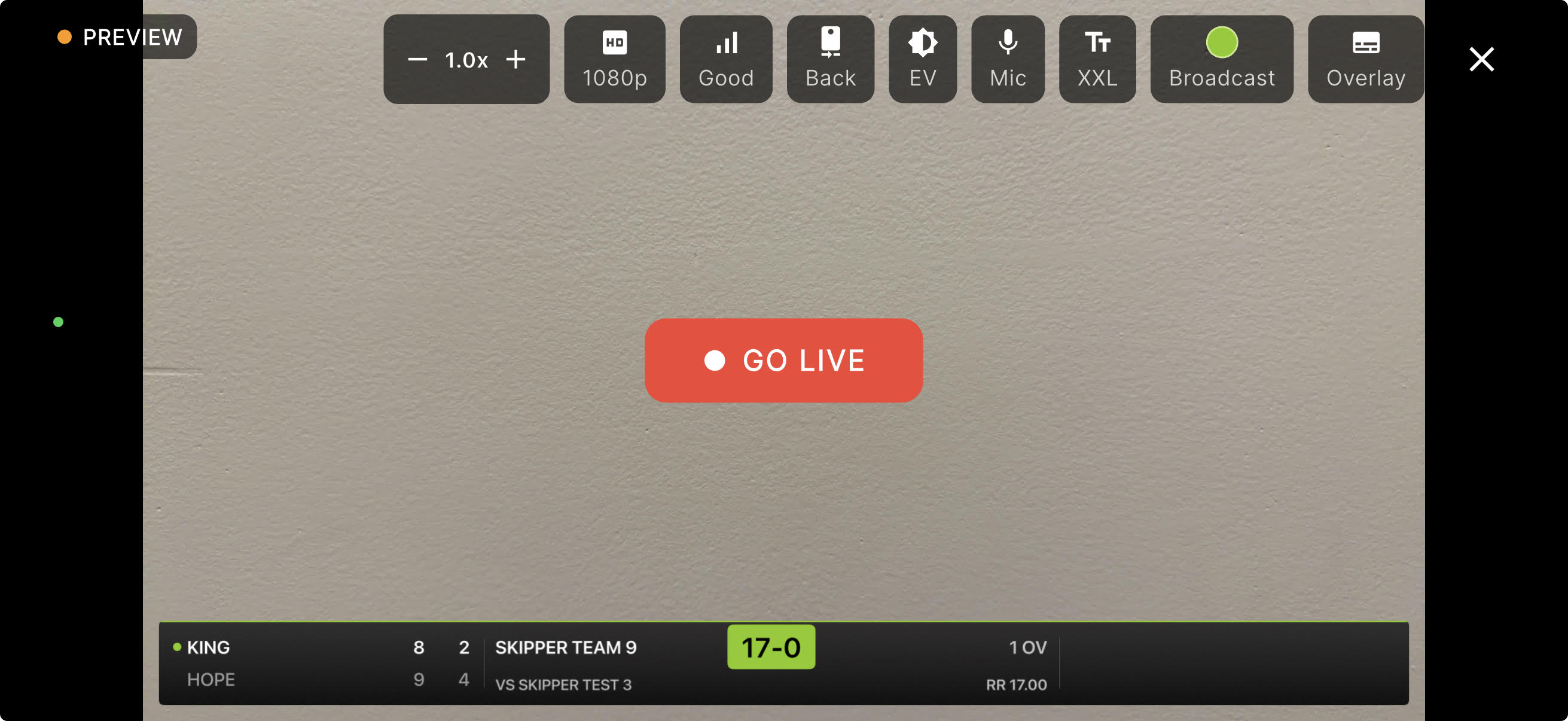 The Skipper streaming preview with the GO LIVE button and the broadcast scoreboard overlay along the bottom