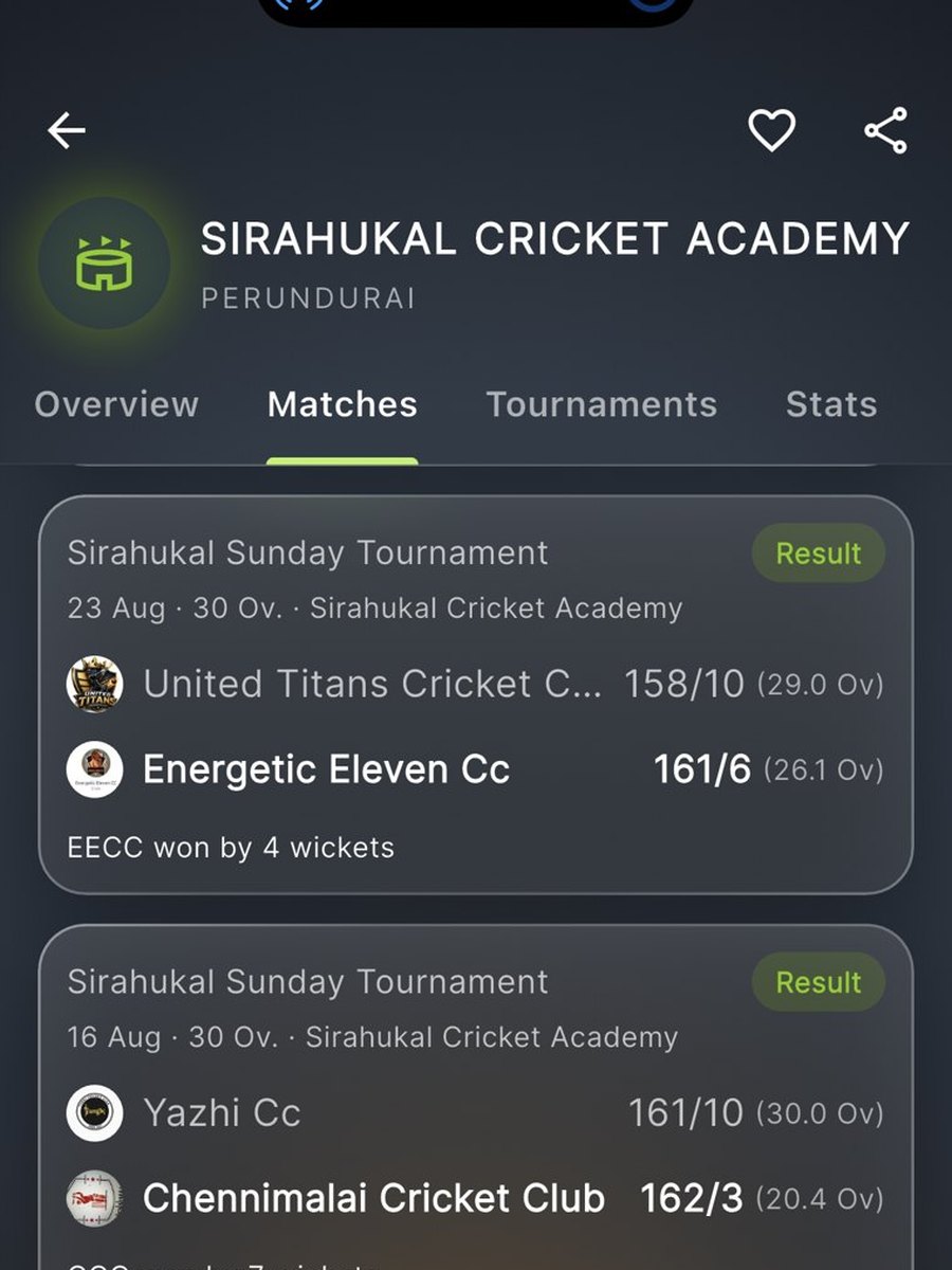 A cricket academy's page on Skipper, listing the results of its own Sunday tournament