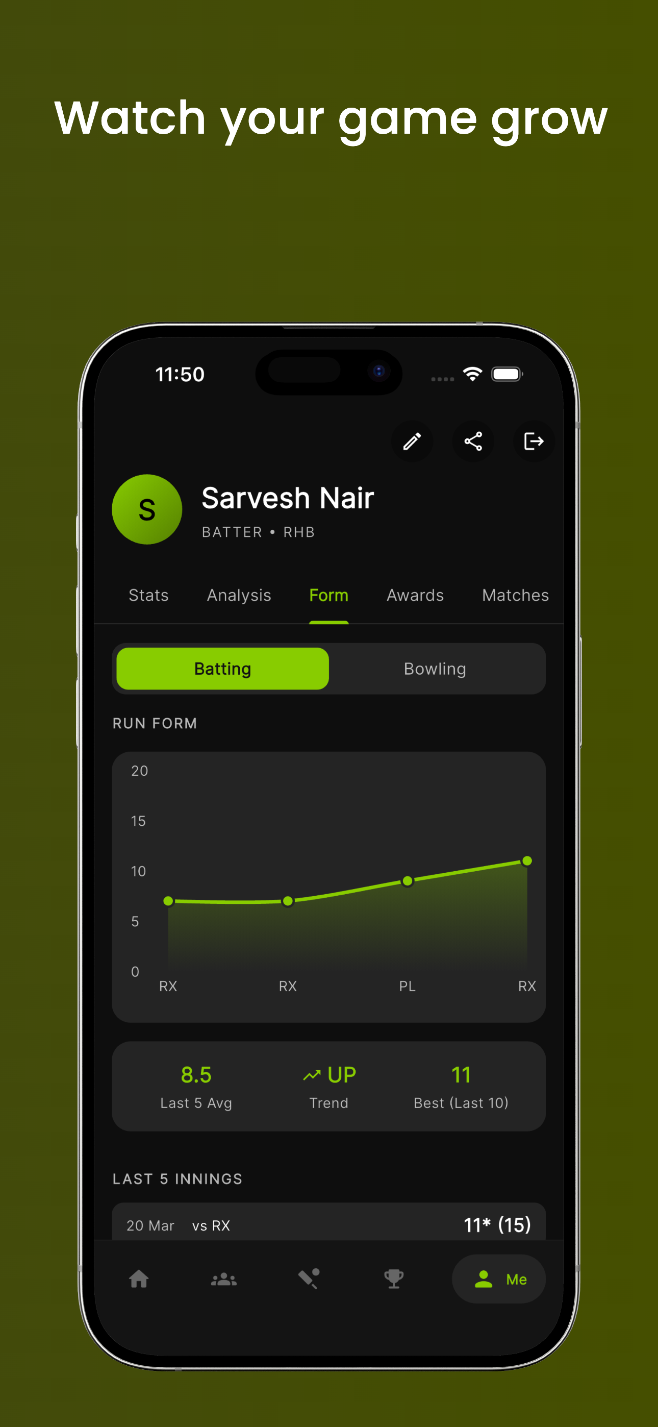 Player profile with career stats