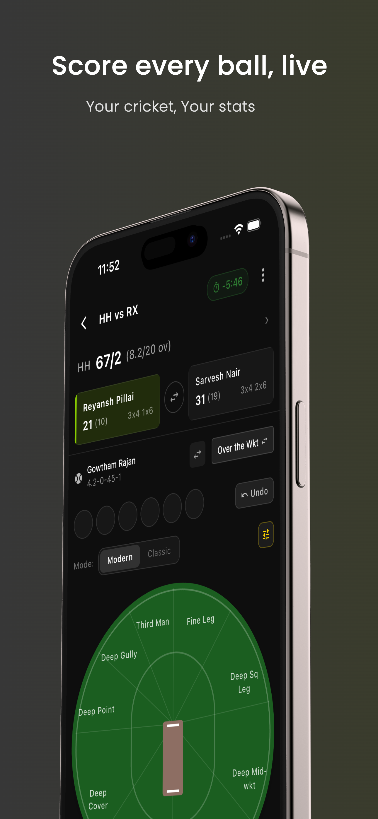 Skipper Cricket scoring screen with tap-on-field interface