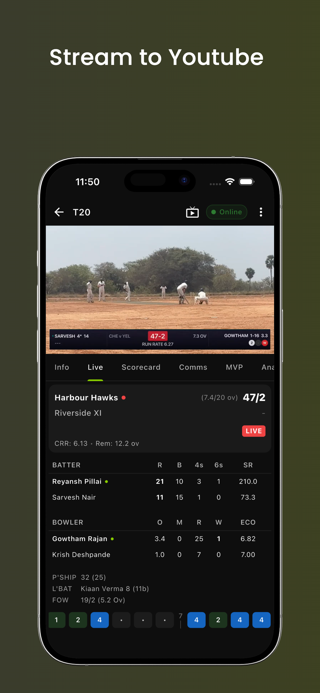Live scorecard with YouTube streaming
